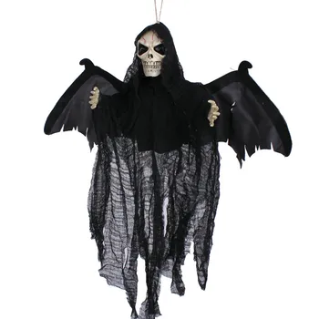 

Free shipping halloween party decoration white black hanging fly bat ghost with wing shake sound control eye shining skull A65