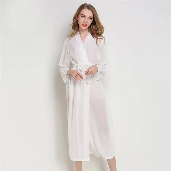 Горячая леди шифон Ночная рубашка невесты Свадебный халат мягкий атлас пижамы сексуальная Длинная перспективная ночная рубашка повседневное кимоно платье один размер - Цвет: White
