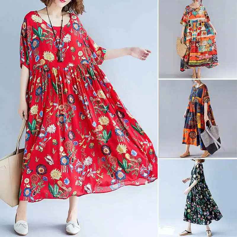 ZANZEA الصيف المرأة طباعة اللباس فستان الشمس القطن الإناث طويل Vestido فام زائد حجم خمر فضفاض عارضة عطلة ماكسي اللباس رداء