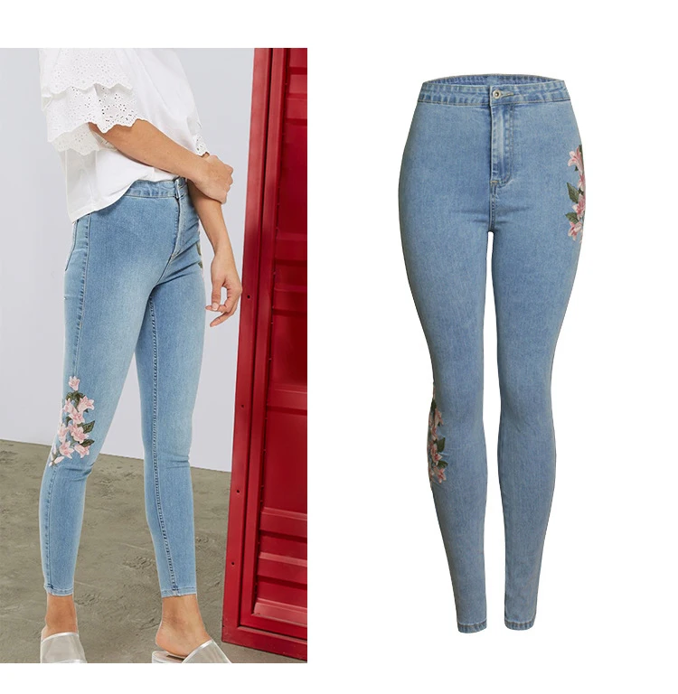 Europe and the United States 2018 spring new fashion embroidery Slim jeans female high waist thin hip embroidered pants (2)