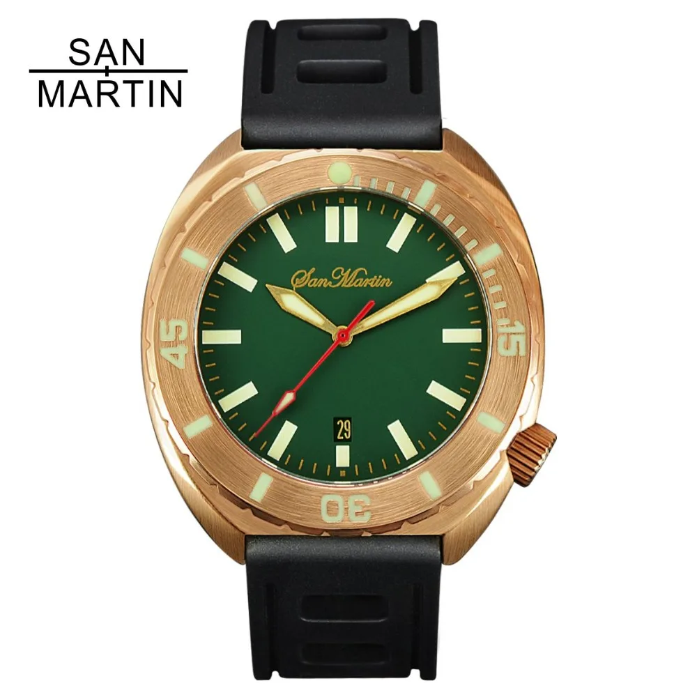 Мужские бронзовые автоматические часы San Martin, винтажные наручные часы для дайвинга, сапфировое стекло, 50 атм, полностью светящийся ободок, Relojes Hombre