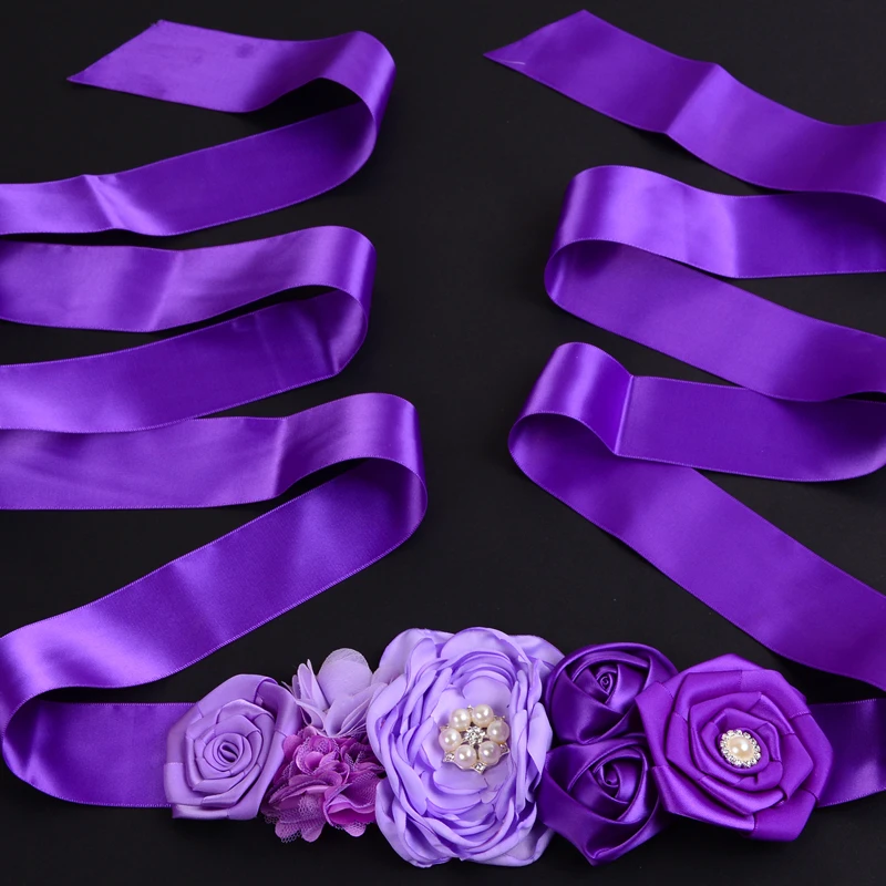 Purple Kids Flower Belt Girls Wedding Flower Girl Sash Belt for Dress Satin Rhinestone Maternity Sash Photo Prop Baby Shower