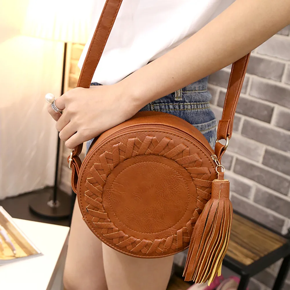 

Vintage Woman Leisure Bags Fashion Round Casual One-shoulder Adjustable Braided Tassel Small Crossbody Bag Leather Handbag