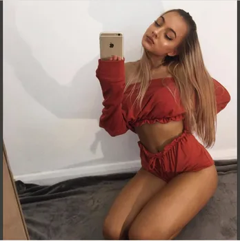 

BKLD 2018 Summer Cotton Solid Women Tracksuit Clothes 2 Piece Set Woman Off The Shoulder Crop Tops + Shorts Pants Sexy Clubwear