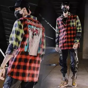 5 Hip Hop Long Sleeve Shirts Mens Cool Harajuku Shirts Male Casual Plaid Shirts Streetwear Fashion Korean Shirt Male - Цвет: 5