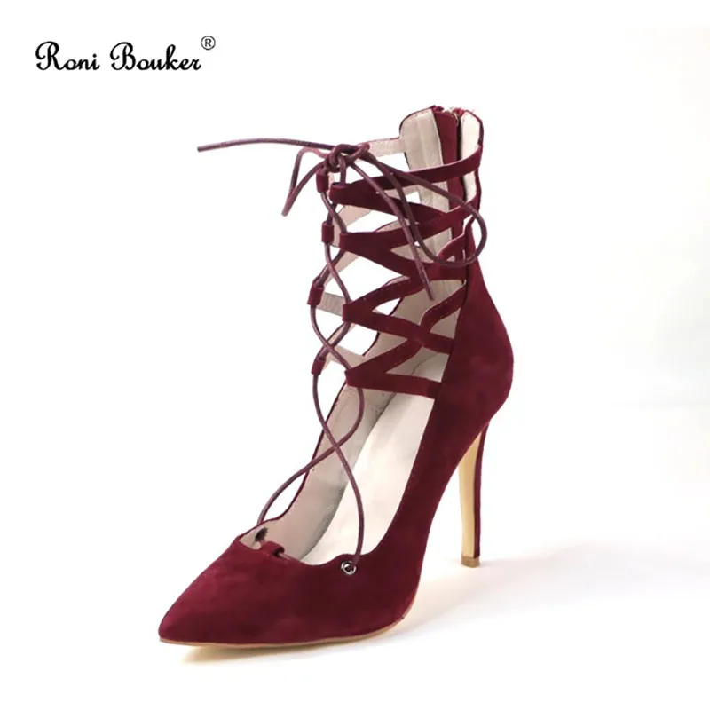 

Roni Bouker Free Shipping Women Lace Up Real Suede Leather High Heels Pointed Toe Casual Shoes Lady Plus Size 42 Sexy Pumps