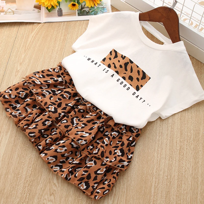 Girls Clothes Set Summer White Shirt with Chiffon Leopard Cake Skirt 2 Pieces Sets Little Kids Cotton Clothing Suit