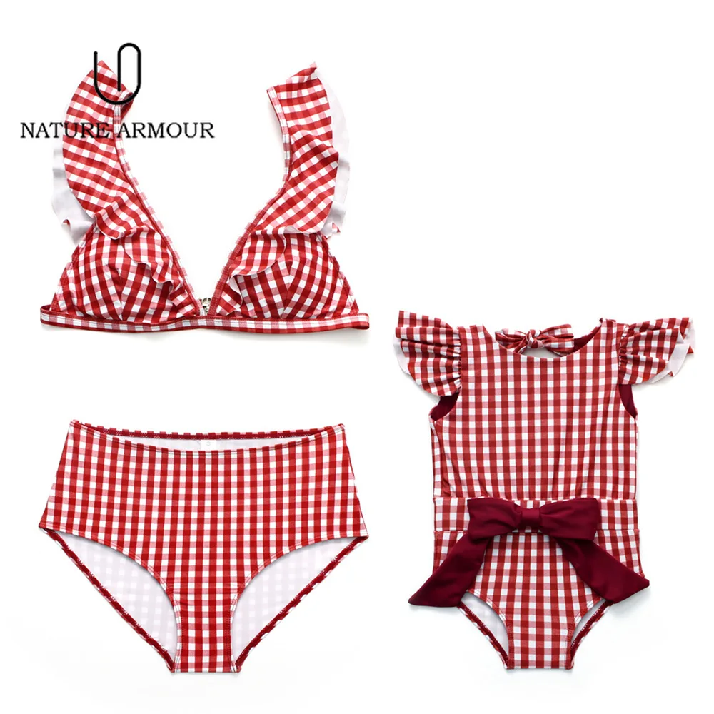 

NATURE ARMOUR Ruffle Parent-child Swimming Suit for Women Retro Checkered Swimwear Women Sexy Swimsuit High Waist Bikini Push Up