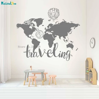 

Vinyl Traveling World Map Wall Sticker Hot Air Balloon Decals Home Decoration Kids Baby Room Studio Nursery Cute Poster YT756