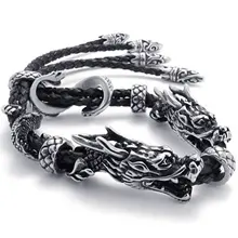 Men s Jewelry Bracelet Leather Stainless Steel Dragon Biker Black