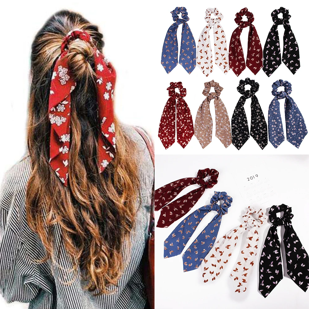 

Summer Fashion Boho Ponytail Scarf Elastic Hair Rope For Women Hair Bow Ties Scrunchies Hair Bands Flower Print Ribbon Hairband