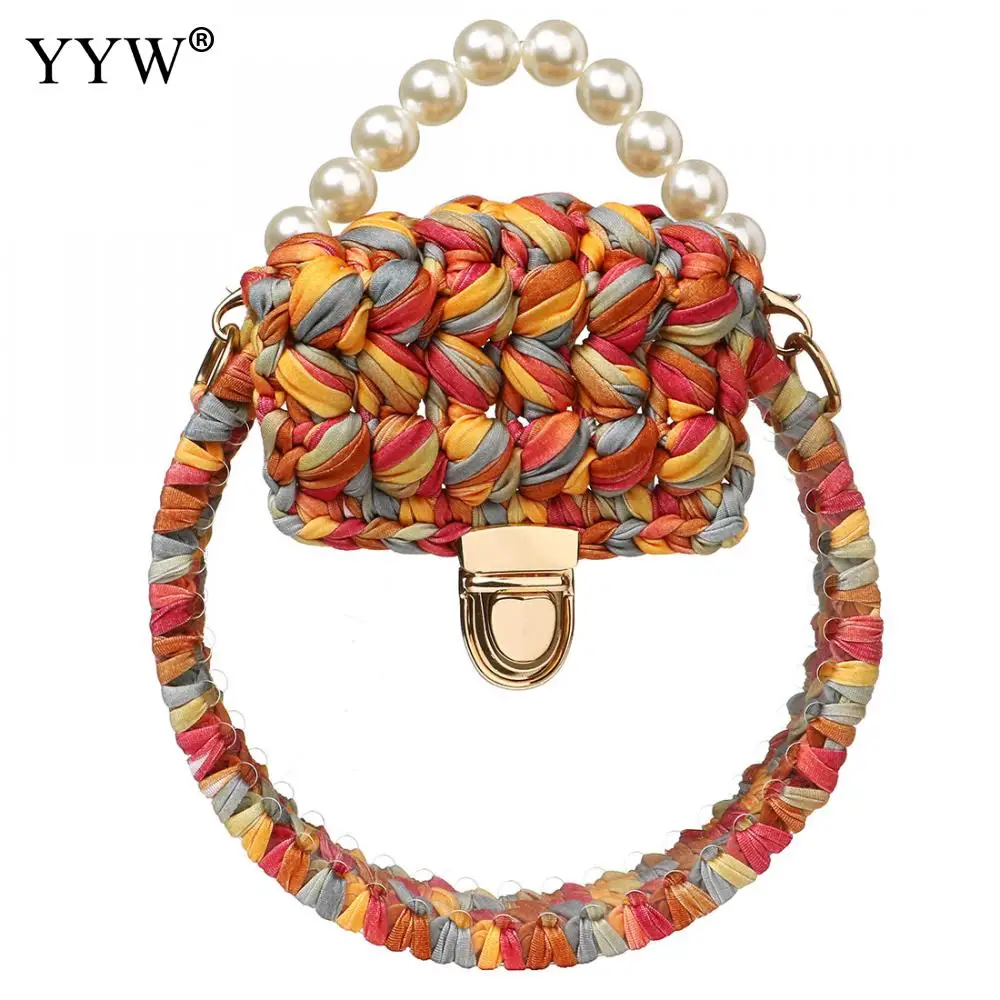 Plastic Pearl Handle Clear Tote Bag Chain Women Messenger Bag 2019 Weave Transparent Small Round Handbag Cute Lock Shoulder Bag