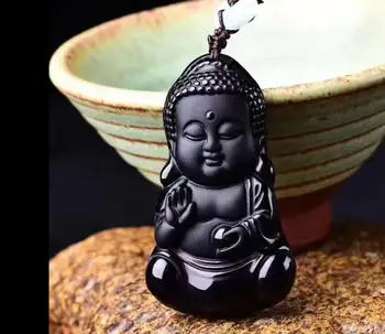 

100%natural Black Obsidian hand-carved Baby Buddha Lucky Pendant+ rope Necklace