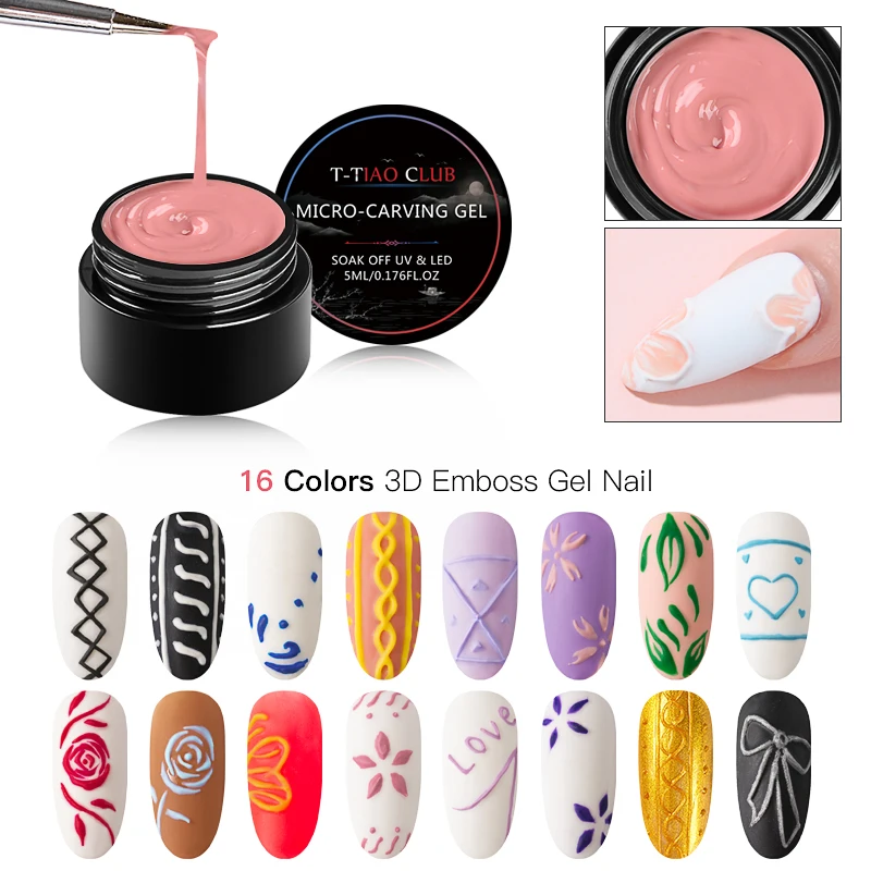 

T-TIAO CLUB 3D Painting Nail Gel 5ml Micro-carving 2 In 1 Glitter UV Gel Lacquer Soak Off Pure Color Polish Nail Art Manicure