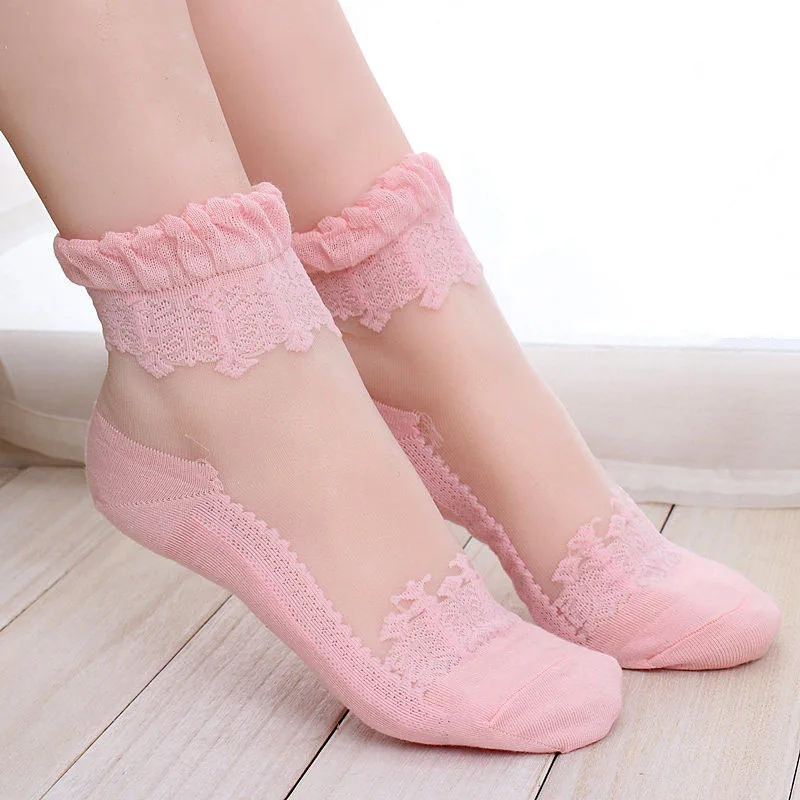 1Pair Women Lace Ruffle Ankle Sock Soft Comfy Sheer Silk Cotton Elastic ...