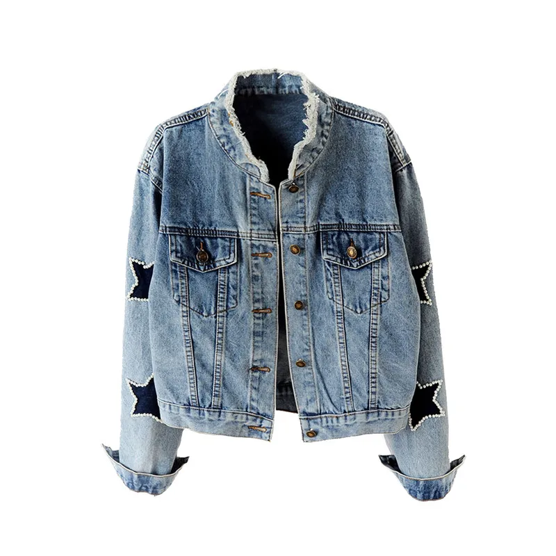 price reduction  2019 Spring Autumn Denim Jacket Women Beading Coat Loose Long Sleeve Casual Female Jeans Jacket Bas