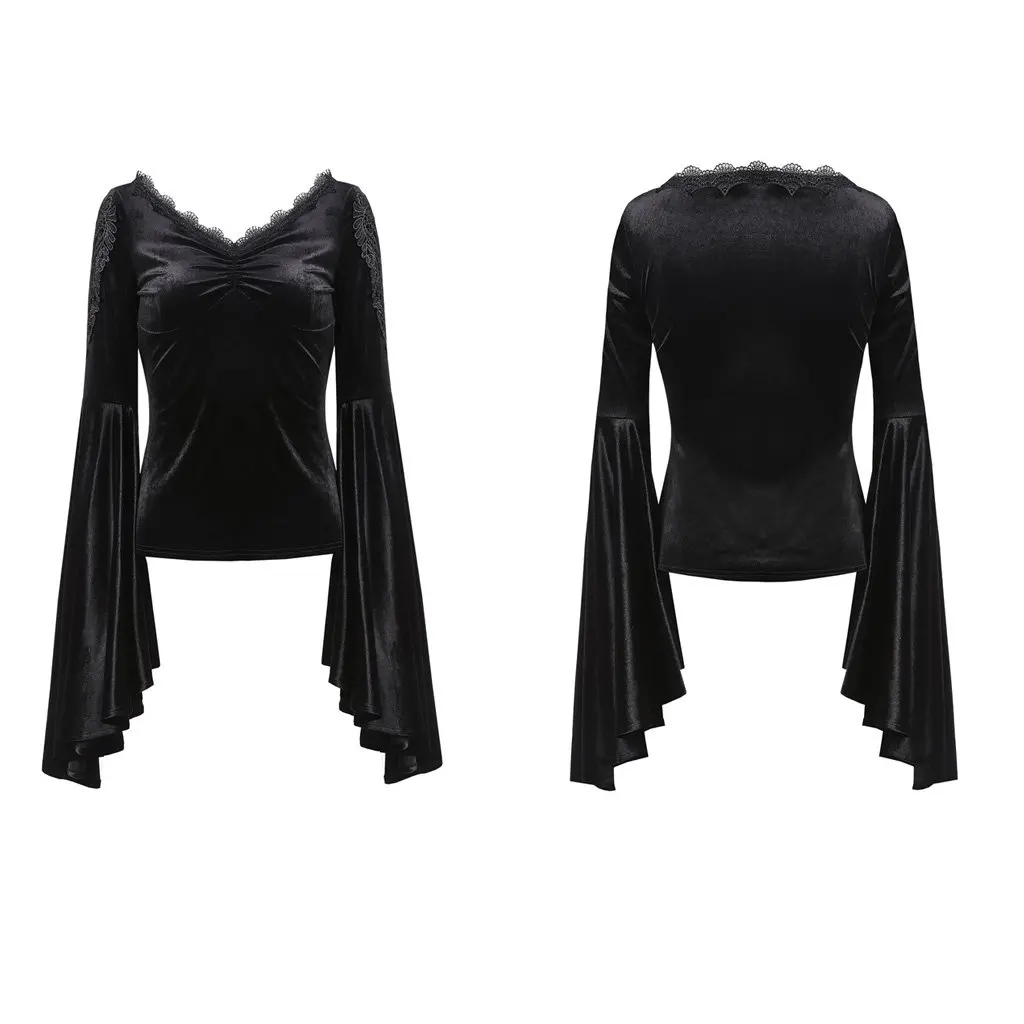 Darkinlove женский велюровый Готический сексуальный топ с рукавами-воланами, вечерняя рубашка с глубоким v-образным вырезом, Женская Ретро футболка в стиле стимпанк
