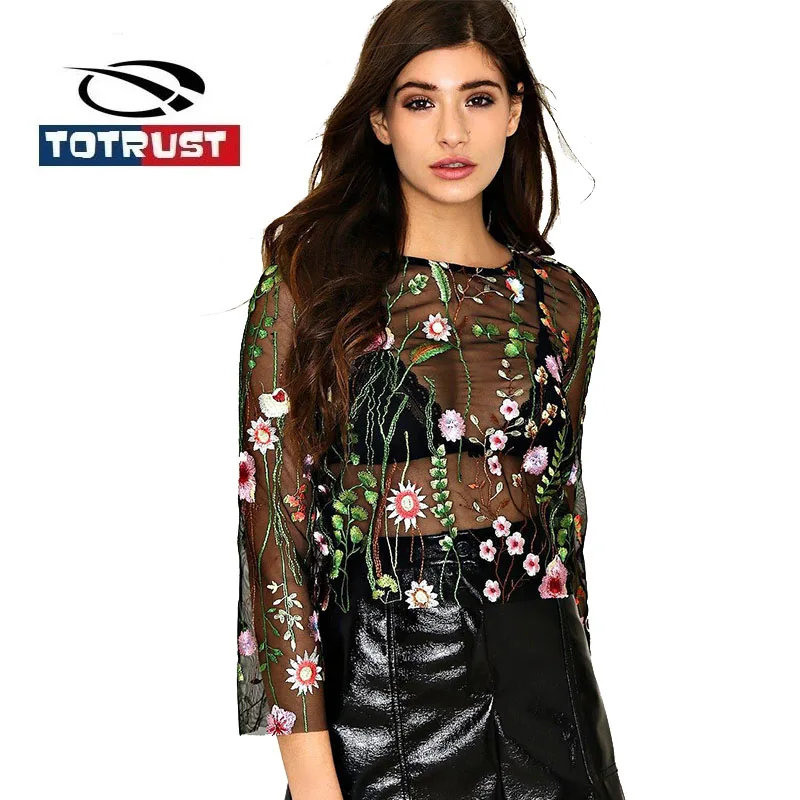 

TOTRUST Vintage Black Embroidery Blouse 2019 Summer Sexy Long Sleeve Transparent Mesh Blouse Women Chemise Femme Woman Tops