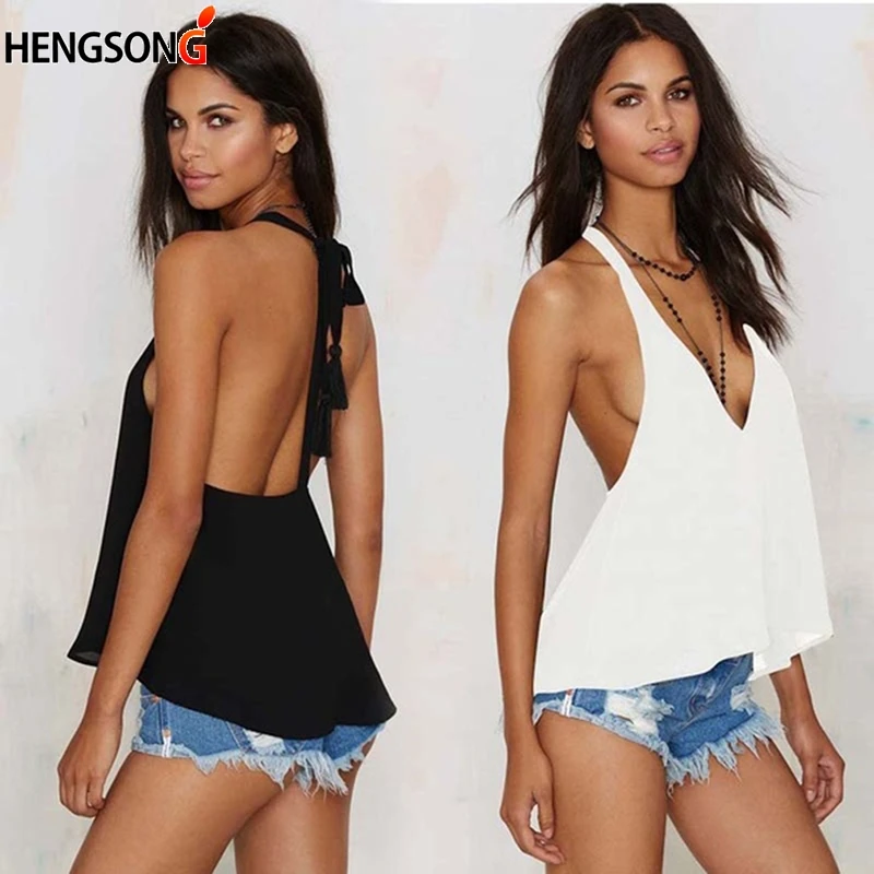 

2018 Summer Bandage Tank Tops Women Solid Color Sleeveless Chiffon Shirt Female Sexy Deep V neck Vest Casual Backless Tank Tops