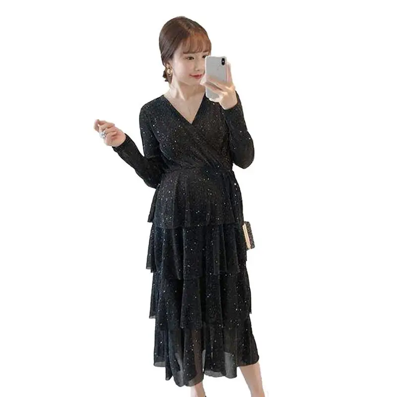 

2019 Spring Autumn Maternity Sequins Nursing Dress Pregnant Women Long Sleeve Cake Dress Pregnancy Breast Feeding Clothes Q362