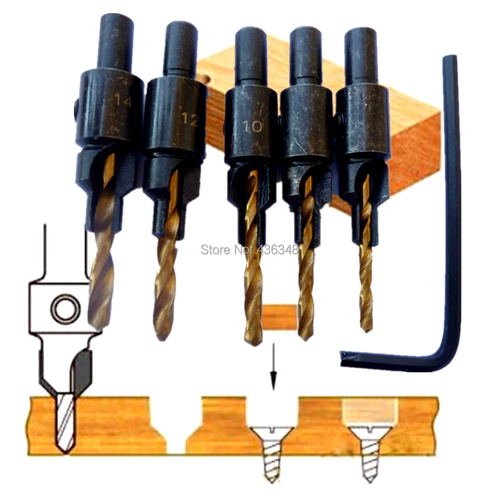 Us 5 0 91 Off 5pcs Hss Woodworking Ti Countersink Drill Bit Set Wood Countersinks Screw Size 6 8 10 12 14 In Drill Bits From Tools On