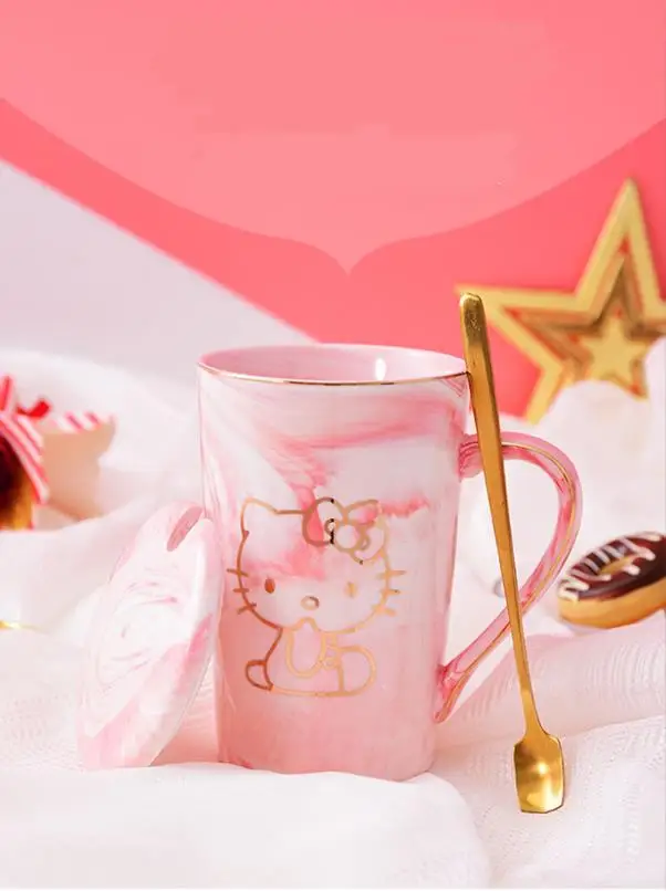 

Hot stamping process Hellokitty mug cup cute girl mug with cover spoon couple office student ceramic water milk coffee mugs