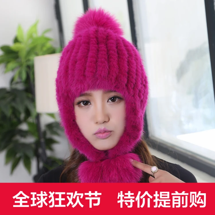 

Mink hat knitted mink fur hat fox fur ball big ear protector cap thermal mink cap female
