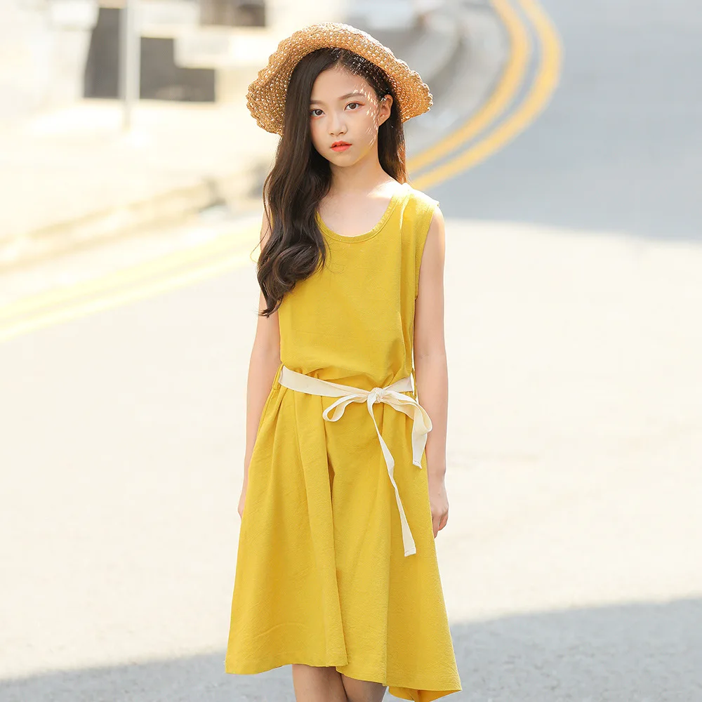 

Babygirl Dress Girl Sleeveless Elegant Dress Sashes Beach Tunics Cotton Linen Princess Party Dress Summer Sundress 7 8 9 10 Year