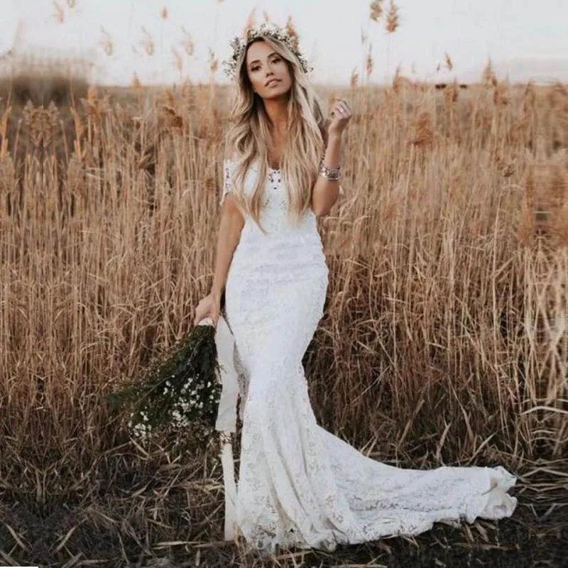 

Elegant Boho Lace Mermaid Wedding Dresses Off The Shoulder Short Sleeves Bridal Dresses Beach Wedding Gowns Sweep Train