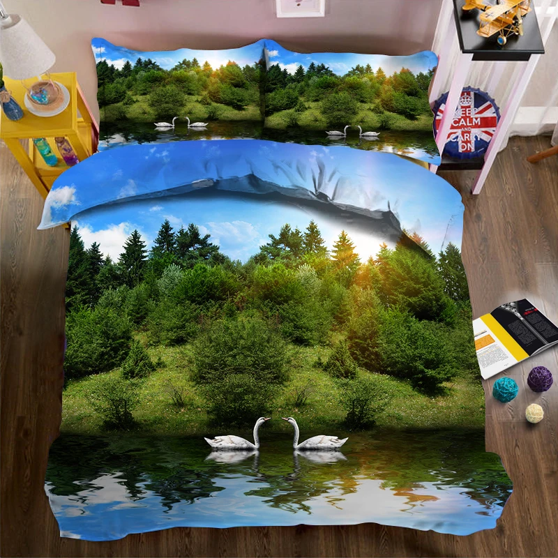 

Two white swans in the lake 3d effect photo bed linen can be customized photo pattern