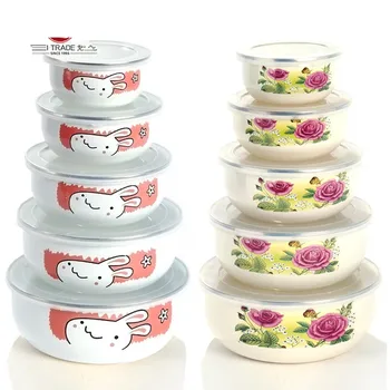 

free shipping Enamel storage box set seal bowl retain freshness five pieces set circle lid lunch box mini cartoon with PP covers
