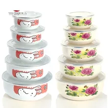free shipping Enamel storage box set seal bowl retain freshness five pieces circle lid lunch mini cartoon with PP covers