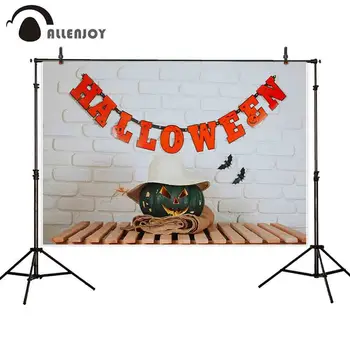 

Allenjoy photo background pumpkin lantern wooden floor straw hat Halloween white brick wall photophone backdrop photography