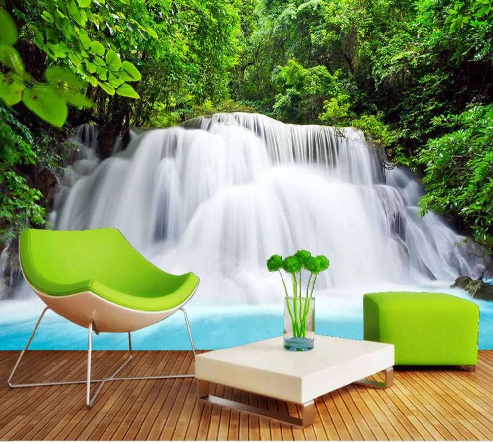 

Free Shipping Flowing Water Spectacular Waterfall Pleasant Scenery Backdrop Custom 3D Photo Wall Forest Living Room Wallpaper