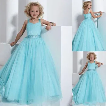

Sky Blue Tulle Princess Dress Square Neck Size 2-14 Toddler Pageant Dress With Crystals Belt Plus Size Flower Girl Dress Longo