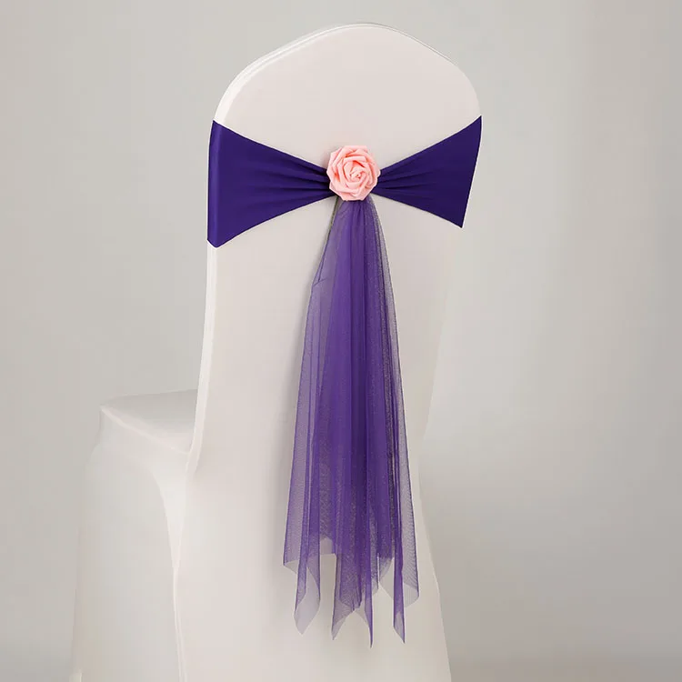 12 цветов спандекс пояс с розовыми шариками искусственный цветок и лента на стул из Органзы Свадебный лайкра галстук-бабочка - Цвет: PURPLE