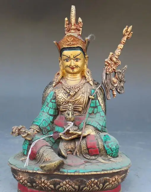 

Tibet Nepal 100% Bronze plated Turquoise Coral Padmasambhava Master Buddha Statue