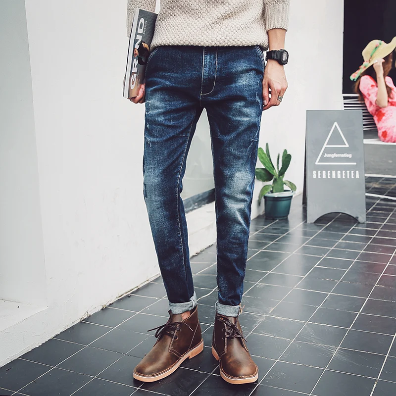 

Male Fashion Men's Slim Vintage Denim Jeans Stretch Slim Skinny Biker Jeans Pants Zipper Blue for Man H087