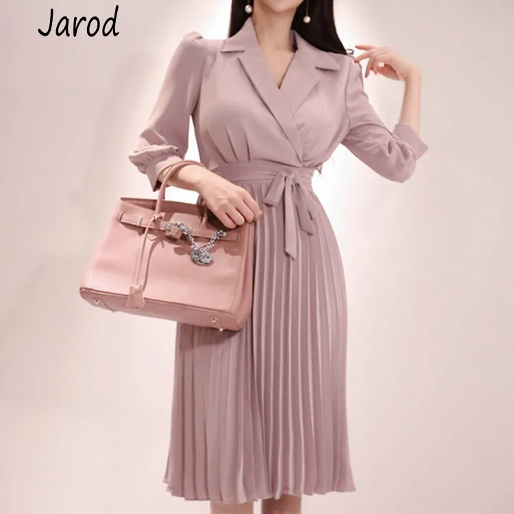 

2019 Spring Elegant Women Dress Office Lady Dress High Street Pleated Sashes Dress Work Wear Business Casual Vestidos