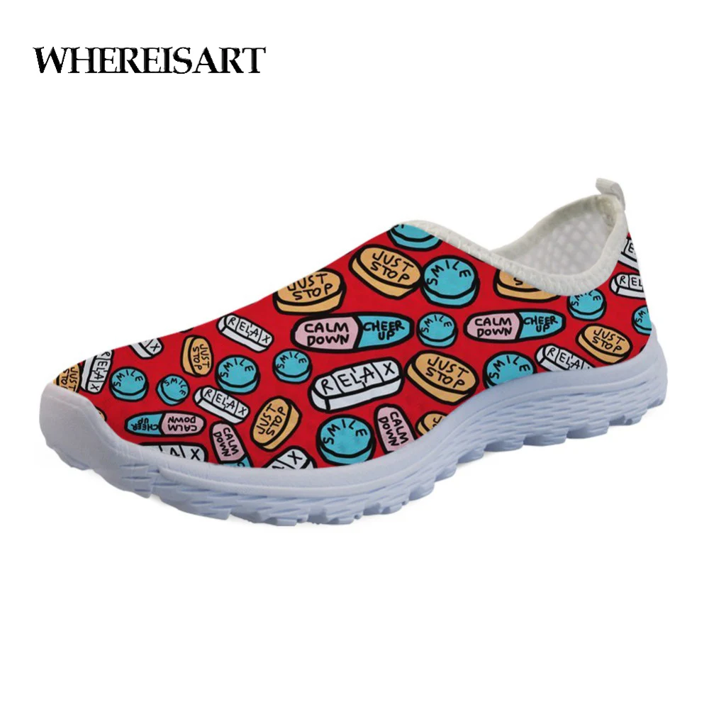 

WHEREISART Ladies Flats Shoes Cartoon 3D Pharmacy Printed Summer Slip-on Mesh Light Women's Shoes Leisure Sneakers Shoes Woman