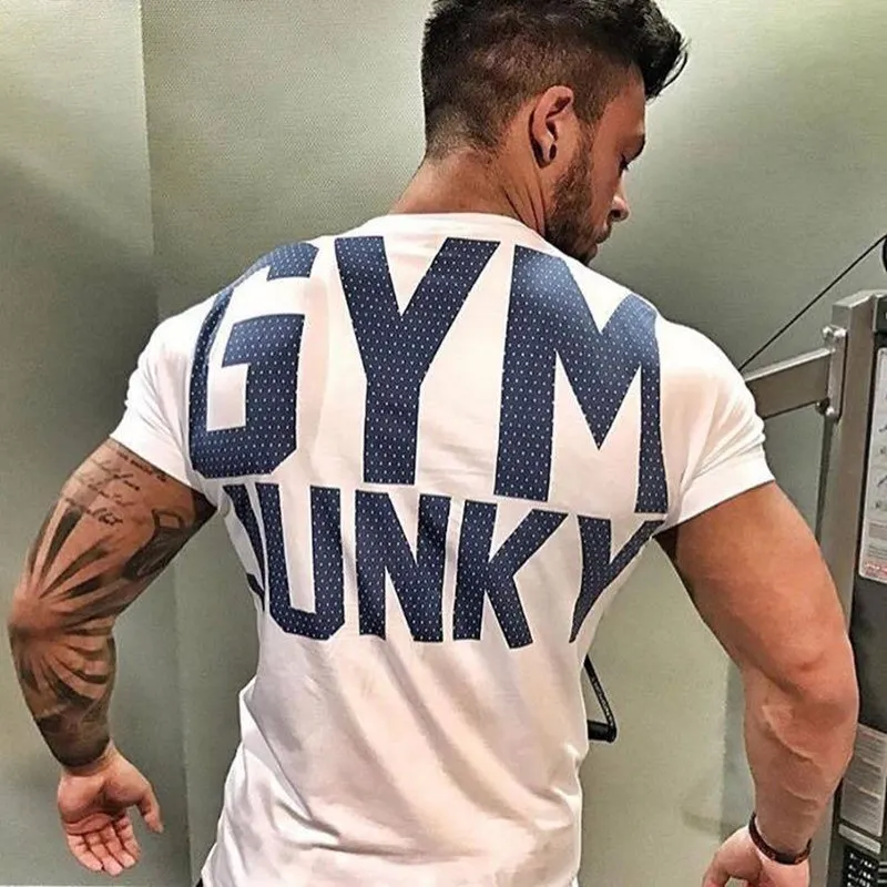 Summer Casual Fashion Sports Fitness T-shirt Men Cotton Short Sleeve Gym Bodybuilding Running Black White Work Out Tops | Мужская одежда
