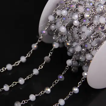 

5Meter,Plating Silver Wire Wrapped Purple grey Glass Bead Rosary Chain,AB White Crystal Quartz Faceted Rondelle Chain