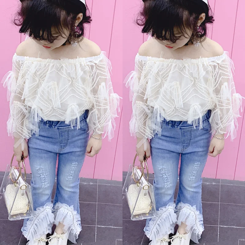 Toddler Kid Baby Girl Summer Lace up Long Sleeve T Shirt Tops Destroyed Jeans Pants Outfits Set