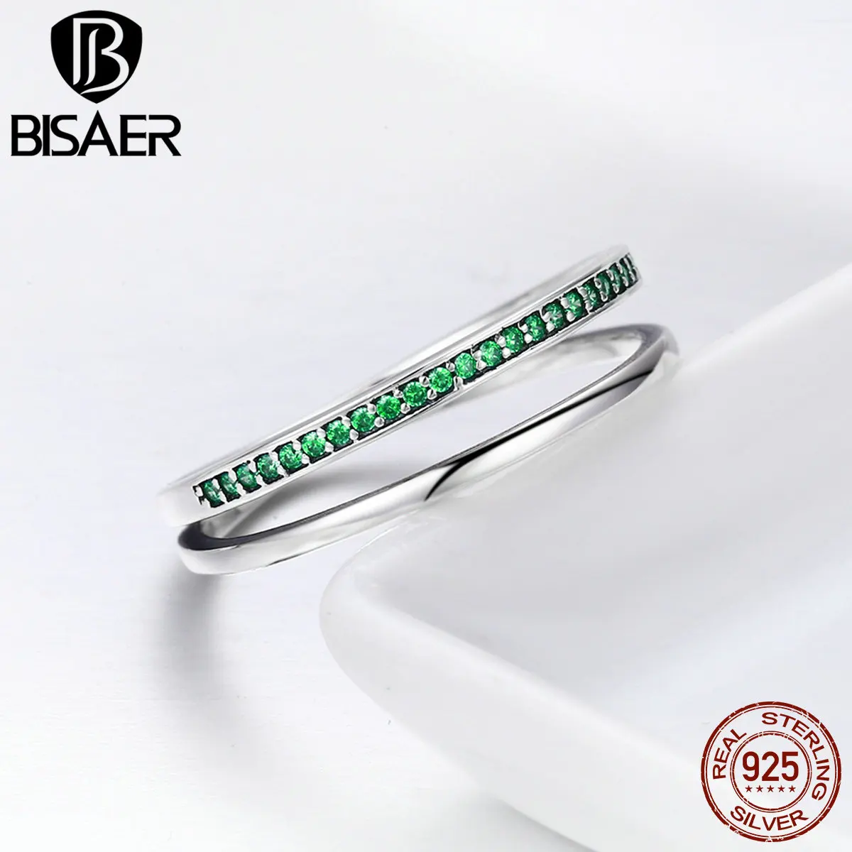 Настоящее серебро 925 пробы, двойной круг, зеленый прозрачный CZ Стекируемый палец, кольцо для женщин, Стерлинговое Серебро, ювелирное изделие, свадебный подарок