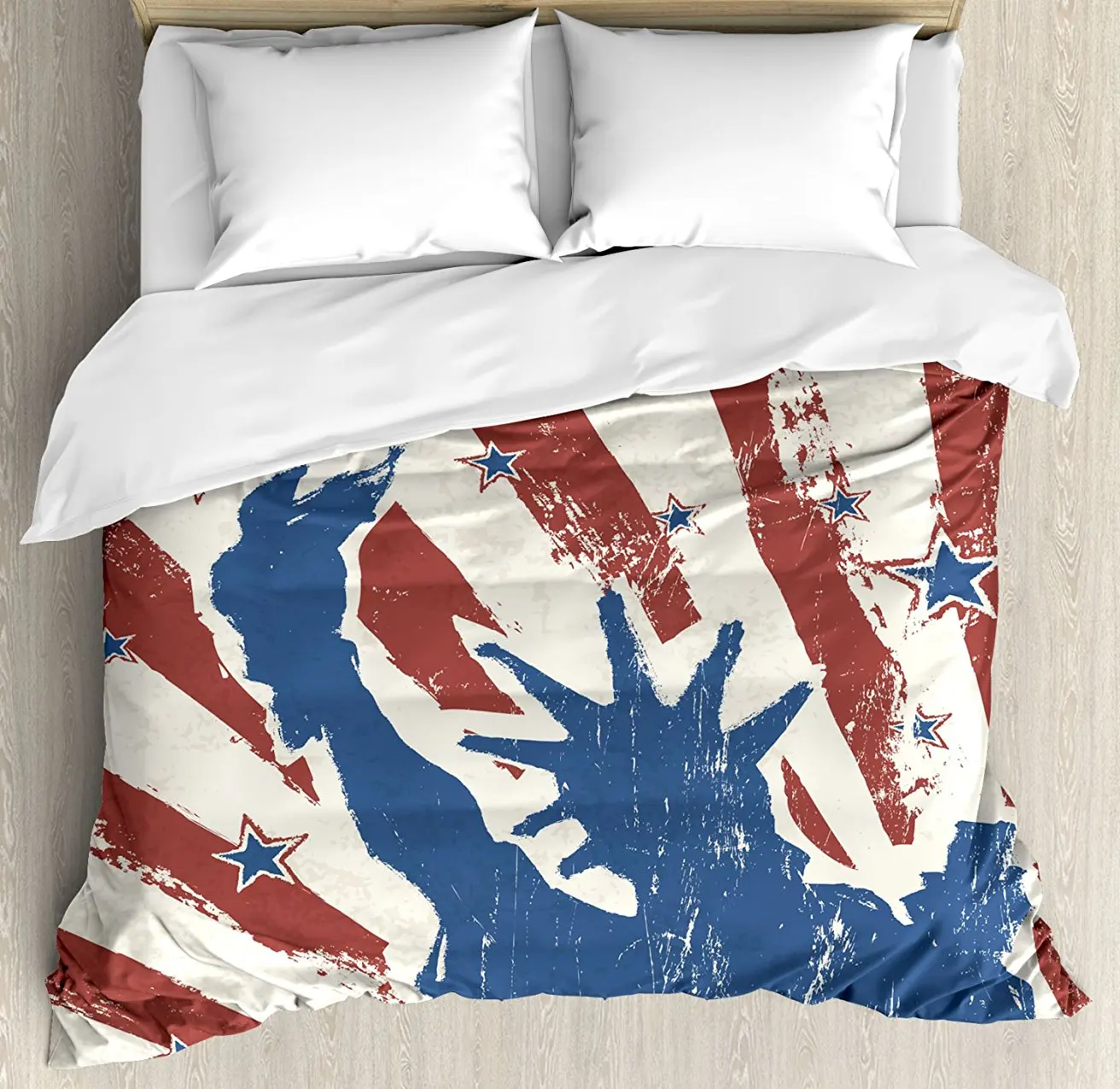 

4th of July Duvet Cover Set , Sketch Style Statue of Liberty with Grunge Stripes and Stars Pattern, 4 Piece Bedding Set