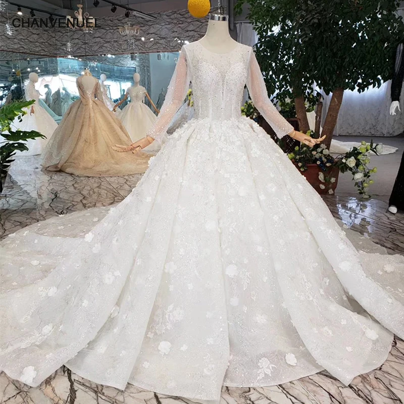 Htl256 Heavy Handmade Wedding Dresses Illusion O Neck Long Tulle