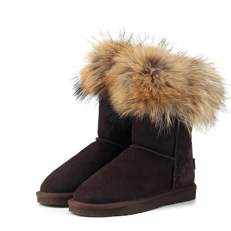 MBR FORCE Fashion Women's Natural Real fox Fur Snow Boots Genuine Cow Leather women Boots Female Warm Winter Boots Shoes - Цвет: Chocolate