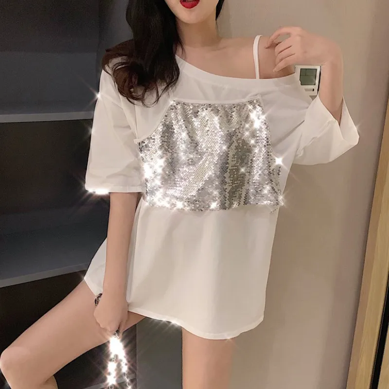 

Loose Sequins Sexy Strapless Short-Sleeve Women T-Shirt Summer Casual Hollow Out Irregular Mid-long Ladies Tshirt Oversize Tops