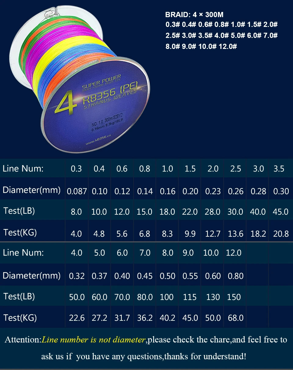 K8356 4 подставки PE плетеные лески 300 M PE многослойная леска 8-150LB 328 ярдов Плавная леска