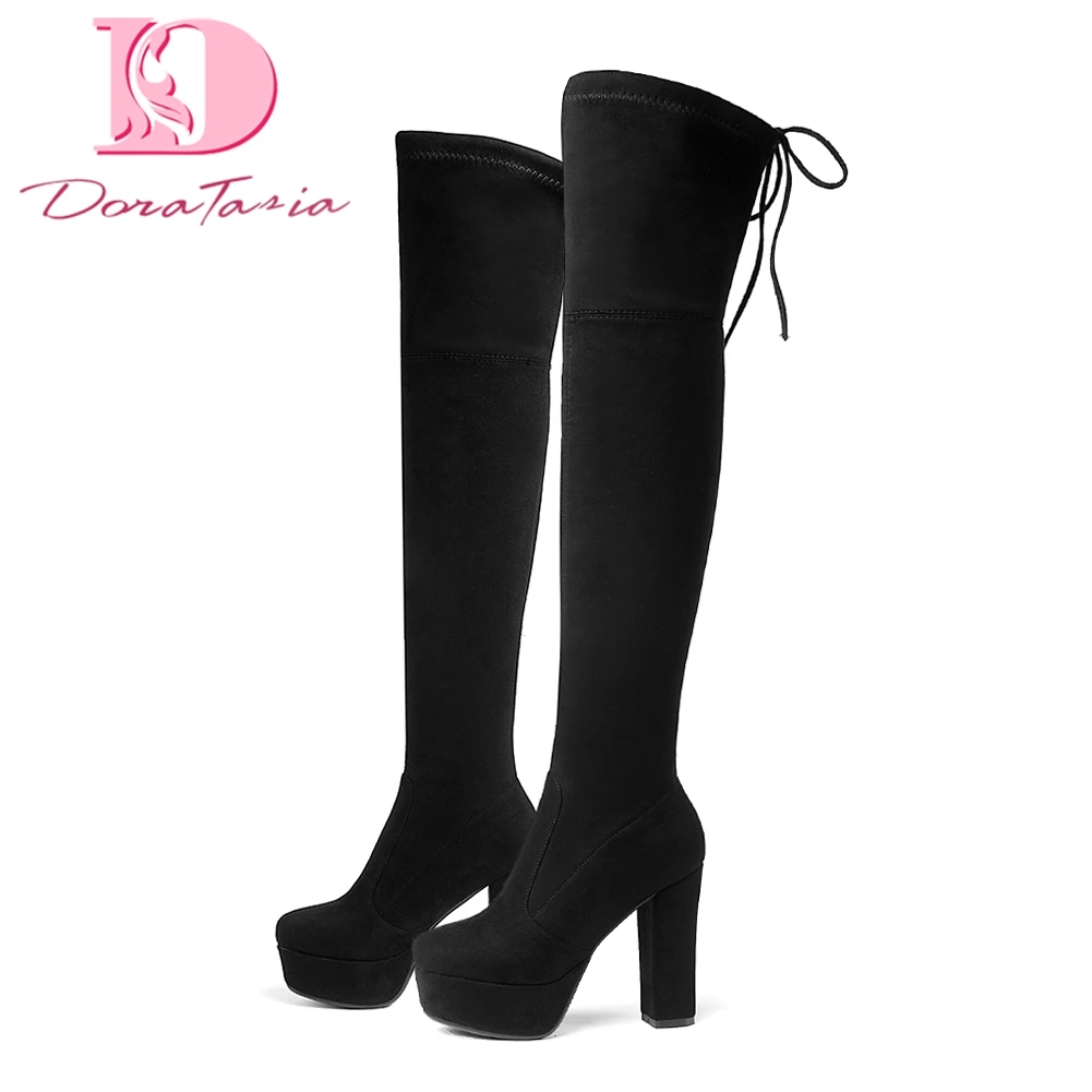 

Doratasia 2018 Women Winter Shoes Platform Over The Knee High Shoes Plartorm Lace up Squae High Heel Women Boots Big Size34-43